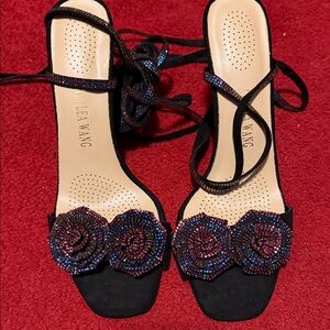 Black Beaded Floral Lace-Up Sandals